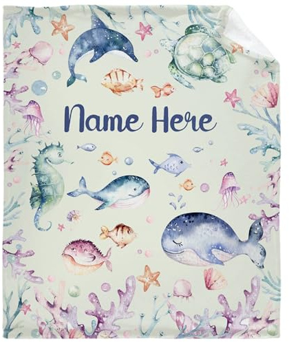 IQOPPEDR Couverture personnalisée avec nom de bébé - Animaux de l'océan - Cadeau personnalisé - Couverture en flanelle douce et confortable pour anniversaire, canapé, lit - 101,6 x 127 cm pour