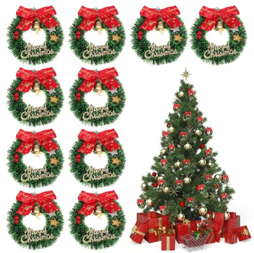 Cabilock 10Stk. Mini Weihnachtskranz Miniatur Kränze Künstliche Mit Schleifen Glocken Und Frohe-Weihnachts-Schild FüR Weihnachtsbaum TüR Fenster Zubehör Puppenstube Dekoration