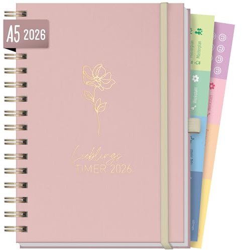 Häfft® Lieblings-Timer Deluxe Kalender 2026 A5 Rosé Canvas Terminplaner mit Leinen-Einband, Spiralkalender, Terminkalender, Wochenplaner, Ringbuch Planner - nachhaltig & klimafreundlich