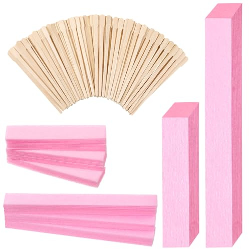 Leelosp 600 Pcs Waxing Kit Includes 400 Wax Paper Cloth Eyebrow Strips and 200 Wooden Smooth Applicator Sticks for Body Skin Hair Removal(Pink)