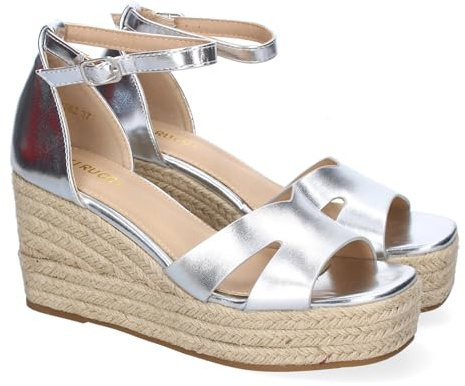 shoes&blues.es 91824 Sandalia de Cuna de Yute para Mujer, Comodo y Elegante, Diseno Moderno con Detalles en la Pala y Cierre de Hebilla, Ideales para Primavera-Verano. Plata Talla 40