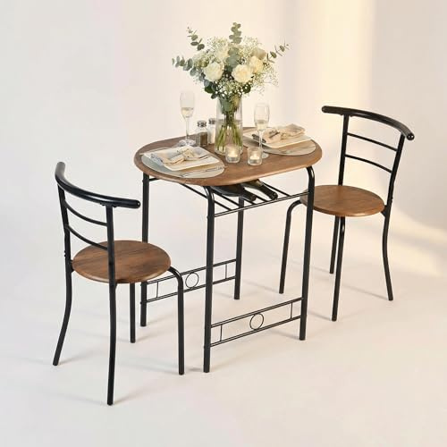 FurnitureR Dining Table and Chairs Set of 3, Breakfast Bar Table with Storage Shelf and 2 Chairs, Wood-Effect Tabletop with Metal Frame, Space Saving Dining Set for Living Room, Rustic Brown