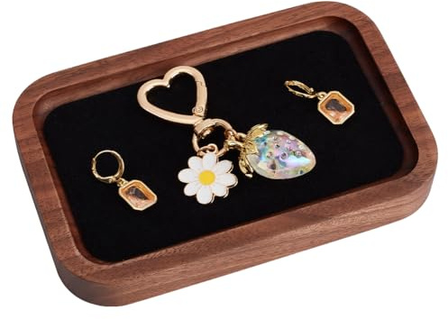 MAYJOYDIY Présentoir à Bijoux Rectangulaire en Noyer de 14x9x1.7cm en Bois Massif en Velours Noir pour Colliers Bracelets Boucles D'Oreilles Bagues