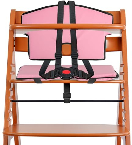 Universal Hochstuhl Sitzkissen und Gurtsystem Set, 6-teilig, Polster in Rosa, 5-Punkt Gurt in Schwarz, Kinder Holzhochstuhl Komplett Set mit Sitzauflage, Sicherheitsgurt, Gurtpolster, Schrittgurt