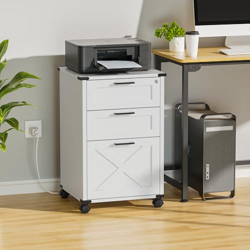 Onelike Small Wood File Cabinet with Charging Station and Lock, 3 Drawers