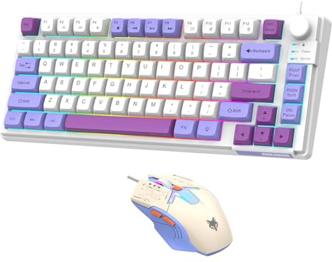Lancoon Wired Keyboard and Mouse Combo with 81 Keys Multimedia Function Volume Knob Colorful Light Ergonomic Mice Adjustable DPI for PC Laptop Computer