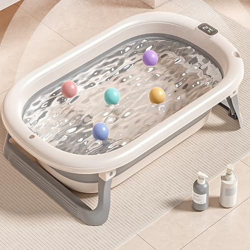 Vasca da Bagno Pieghevole per Neonati - Con Tappo di Svuotamento & Display della Temperatura & Cuscino per Seggiolino - Ultra Compatta – Piedi Antiscivolo - 43 * 71 * 18,5 cm (grigio)