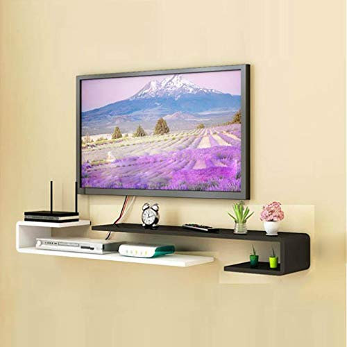 Mobile TV a parete con mensola sospesa, console multimediale bianca e nera per camera da letto/soggiorno, router e set-top box, libreria regolabile da 150 a 155 cm