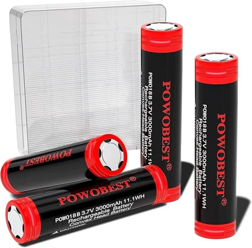 3.7V Rechargeable NiMH Battery POWO18B,3000mAh Large Capacity Flat Top NiMH Batteries with Case,Perfect for Flashlight,Small Fan,Camera,Doorbell,Headlamp,Product Patent Number:6319875(4pack, Red)
