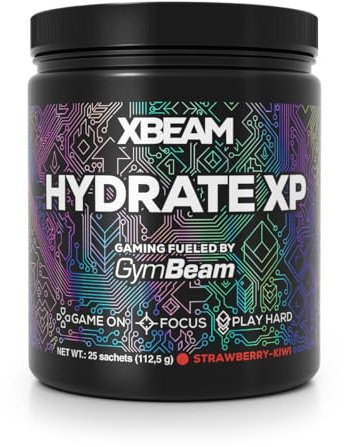 GymBeam XBEAM Hydrate XP - Multivitaminico con elettroliti, magnesio, vitamina C e polvere di cocco - Idratazione avanzata e supporto muscolare per gamer - Senza caffeina (112,5 g, Fragola - Kiwi)