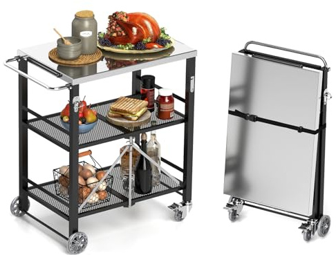 Chariot de barbecue pliable d'extérieur à 3 niveaux en acier inoxydable avec 2 roues de verrouillage, table de barbecue mobile, îlot de cuisine avec décapsuleur, crochets à outils, pour fête à la
