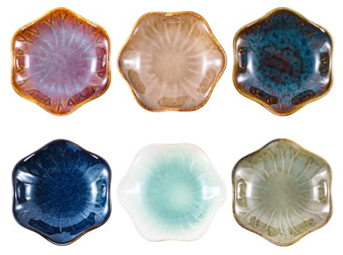 Winlauyet 6X Kiln-Transformed Glaze Ceramic Sauce Dishes Dip Bowls Mini Bowl Set Dish Tableware Sushi Soy Dishes for Snack Appetizer Dessert Flower-Shaped