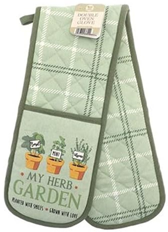 Double Oven Glove – Heat Resistant, Quilted Cotton Mitts – Kitchen Gauntlet for Baking, Cooking & Grilling (HERB GARDEN)