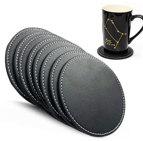 8 Stück Untersetzer Gläser, 10cm Glasuntersetzer Leder Tassenuntersetzer Asuntersetzer Silikonuntersetzer Gläser Schwarz für Kaffee Bier Tee und Becher