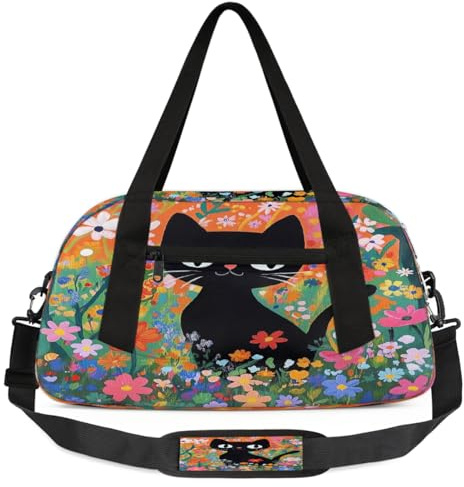 Süße schwarze Katzen-Blumen-Kinder-Seesack, klein, leicht, Reise-Sporttasche für Jungen und Mädchen, Wochenendtasche, Fitnessstudio, Handgepäcktasche für Schule, Sport, Übernachtung