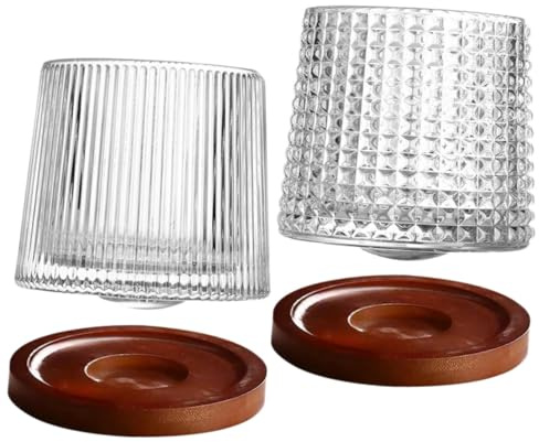 Sosoport 2 Juegos de Vasos para Whisky de Vidrio con Posavasos de Madera, Diseño Giratorio y Capacidad de 150ml, Ideales para Cócteles y Fiestas en Casa