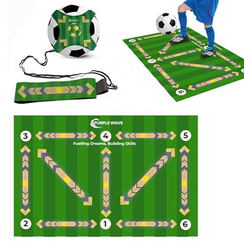Football Training Mat and Kick Training Equipment with Adjustable Belt and Ball Holder, Non-Slip Mat for Indoor Outdoor Solo Football Practice for Kids and Adults by Purple Waves, (90 x 60)