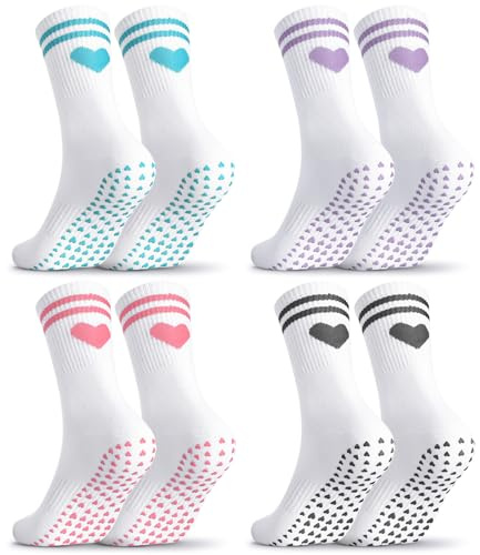 Utensilsto 4 Paar Pilates Socken Damen,Baumwolle Yoga Socke 38-42 | Rutschfeste mit Streifen Herz,Stoppersocken Rutschfeste mit Noppen, Antirutsch Bequem Atmungsaktiv Socken Geschenke für Damen