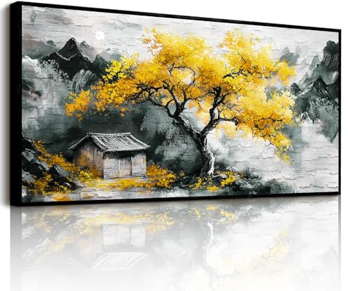 hyidecorart Quadri Moderni Soggiorno, Naturale Stampe da Parete, Quadro Giallo Albero Della Vita con Cornice, Arte Decorazioni Murali per Salotto Ufficio Corridoio Camera da Letto 50x100 cm