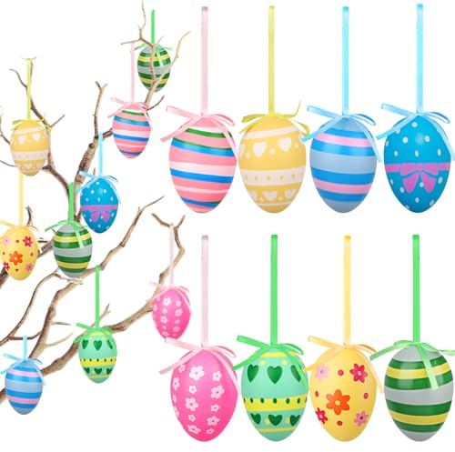24 Stück Ostereier zum Aufhängen Draussen, 6 cm Bemalte O-stereier Plastik, O-stereier Outdoor, Ostereier Kinder Ostern Basteln Deko Plastikeier Bunt mit Seidenband für die Osterdekoration