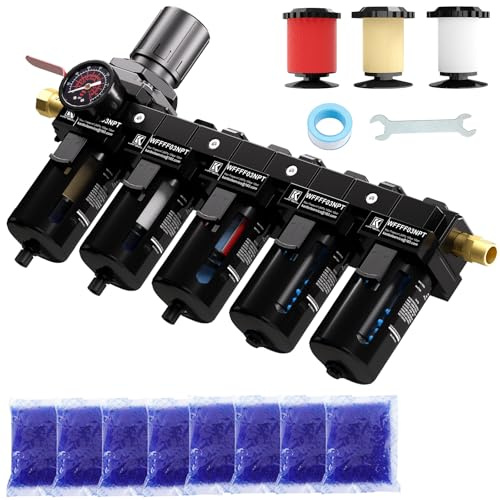 KANBOL Essiccatore d'aria a 5 stadi NPT da 3/8 per compressore, filtro in ottone e filtro a coalescenza, essiccatore doppio essiccante e regolatore d'aria, sistema di separazione dell'acqua del