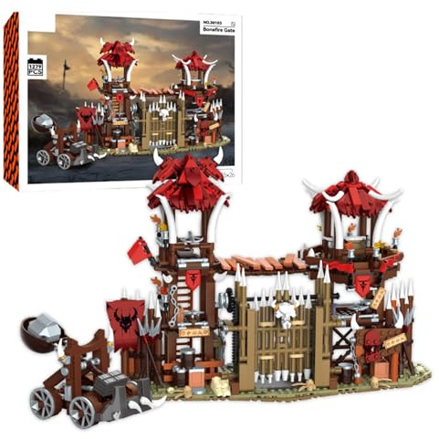 Mocbuiie Bonfire Gate Castle Mittelalter Klemmbausteine | 1279 Teile Burg Modell, Retro Wikingerdorf Modular Building für Erwachsene
