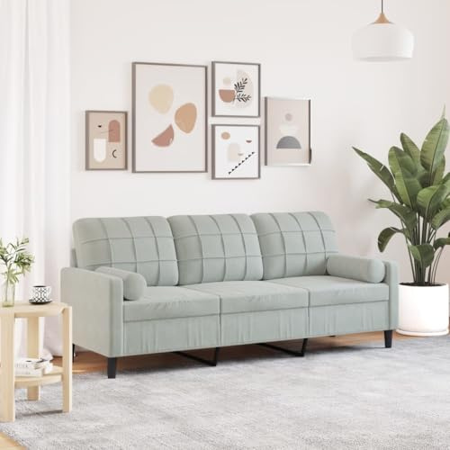 Keeushr 3-Sitzer-Sofa mit Zierkissen Hellgrau 180 cm Samt Polstergarnitur Sitzbank für Wohnzimmer mit Metallgestell und abnehmbaren Bezügen