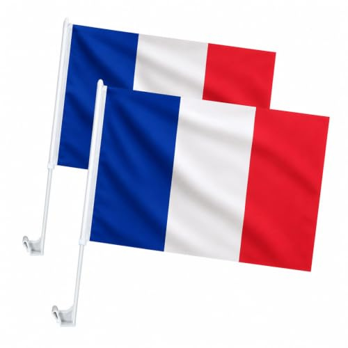 HOMAVEL 2 Stück Frankreich Autofahnen 45x30cm - Autoflagge mit 43cm Fahnenmast - Wetterfeste Fensterfahne Tricolore für Weltmeisterschaft EM Fußball Fanartikel Auto Dekoration