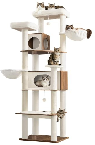 Fobyfurny Arbre à Chat XXL, 208 cm Tour de Jeu, Marron et Blanc | Grande Niche et Hamac, 2 Plateformes, 5 Poteaux à griffer, Panier, Pom-poms, pour l'intérieur Moderne FPMS016PWR1
