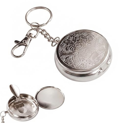 LOMSUXA Taschenaschenbecher für unterwegs Geruchsdicht - Tragbarer Reiseaschenbecher mit Schlüsselanhänger & Blumenmuster, Mini Aschenbecher Silber für Outdoor, Camping und Reisen, 1 Stück