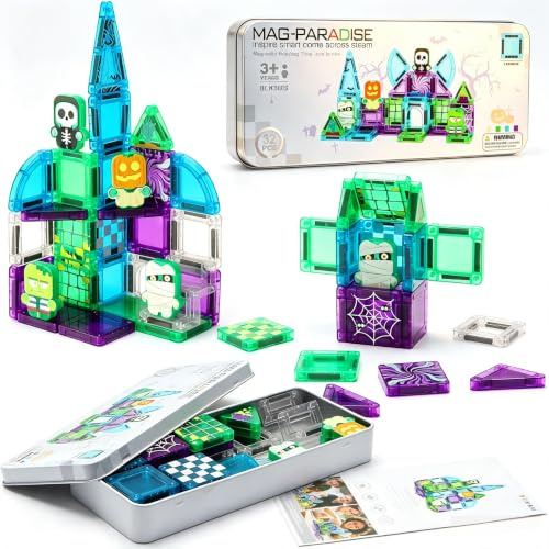 MEESHEEP Travel Magnetic Tiles for Kids Halloween Mini Travel Set with Tin | Halloween Figures, 32 PCS, Kids Travel Toy for Plane & Car, Toddlers Preschool Learning, Halloween Birthday Gift