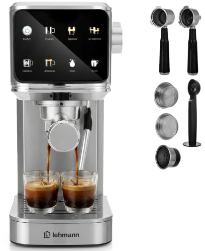 LEHMANN Bellagio Machine à Expresso 20 Bars avec Buse Vapeur | Pour café moulu et capsules 37 mm, écran LCD tactile, Cold Brew, Americano, réservoir 1,2 L, auto-nettoyage