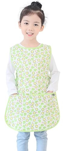 Plie Kids Painting Apron – Waterproof Art Smock for Toddlers & Preschoolers, Messy Play, Baking, Crafts, Cooking, Sensory Activities, Mealtime (Ages 1–10), Green Orange (37-S)