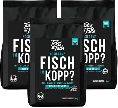 Tales & Tails Fisch Im Kopp Halbfeuchtes Trockenfutter für Hunde | Getreidefrei | Mit 60% Fisch Als Tierische Proteinquelle | Hohe Akzeptanz & Verträglichkeit | 3X 4kg