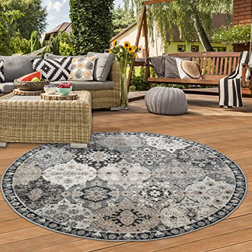 Teppich-Traum RUNDER Orientteppich für Indoor Wohnzimmer & Outdoor Balkon | wunderschöne Ornamente | grau Größe 200 cm rund