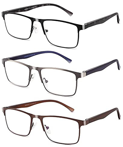 CRGATV 3-Pack Reading Glasses for Men Blue Light Filtering Full Frame Metal Readers Anti Uv/Eye Strain/Glare (+2.0 Magnification Strength)