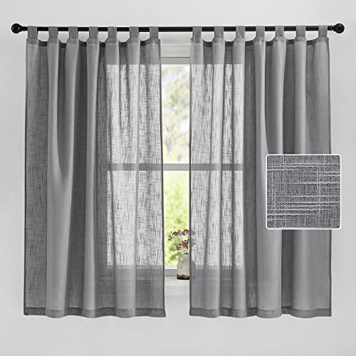 PONY DANCE Leinenoptik Gardinen Halbtransparent Schlaufenschal 2er Set | H160 x B140 cm, Dunkelgrau, Luftig, Lichtdurchlässig, Sichtschutz, Landhaus, für Schlafzimmer Wohnzimmer Kinderzimmer