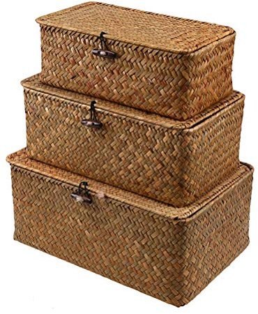 Esoes 3 Stück Aufbewahrungskorb aus Geflochtenem Rattan Seegras mit Deckel | Patentiertes Produkt Aufbewahrungsbox Wäschekörbe Make-up-Organizer für Badezimmer Wohnzimmer Küche Schlafzimmer (S+M+L)