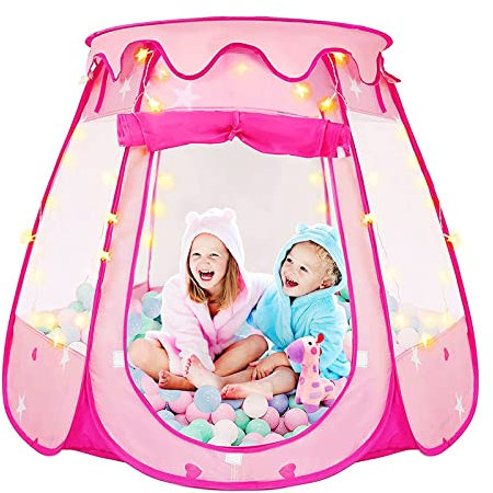 Newthinking Pop Up Play Tents for Girls, Foldable Kids Play Tent with Star Lights, Pink Princess Playhouse Indoor and Outdoor Ball Pit Dream CastleTent for 5 6 7 8 Girls