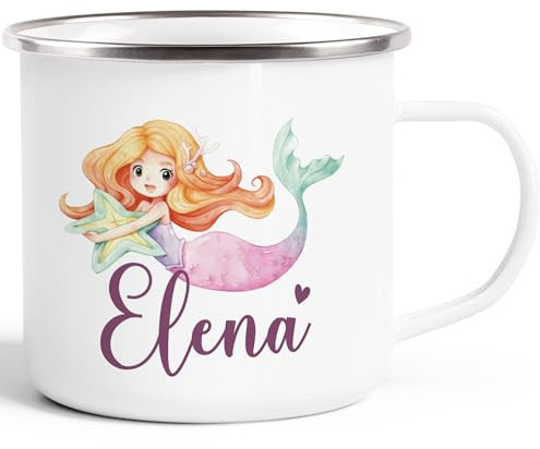 SpecialMe® Emailletasse Meerjungfrau Prinzessin Kinder Motiv personalisiert Becher Emaille personalisierte Geschenke Weiss-metall Emailletasse