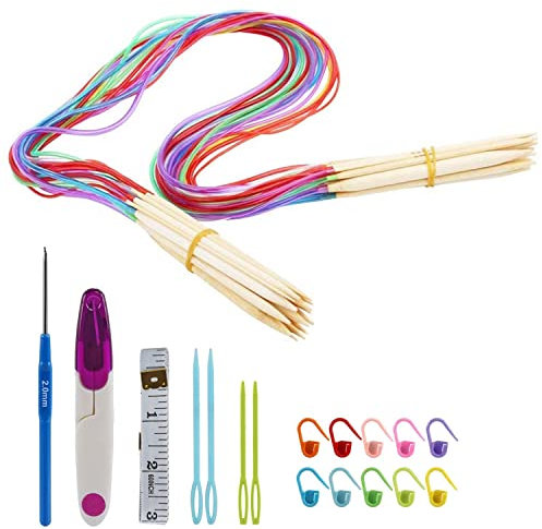 Bamboo Knitting Needles Set, 18Pairs 100cm Circular Knitting Needles for Beginner Knitting Kits for Adult Double Pointed Needle with Plastic Tube, Stitch Markers, Measuring Tape, Scissors, 2 to10mm