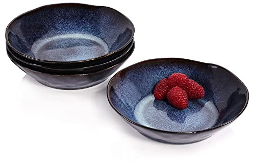 Sänger | Suppenteller Tokio 4 tlg, Suppenschale 4 Personen, Tiefe Teller Steingut Spülmaschinenfest, Handmade Schüssel Set Blau-Schwarz mit Braunen Akzenten 500ml | PREMIUM COLLECTION