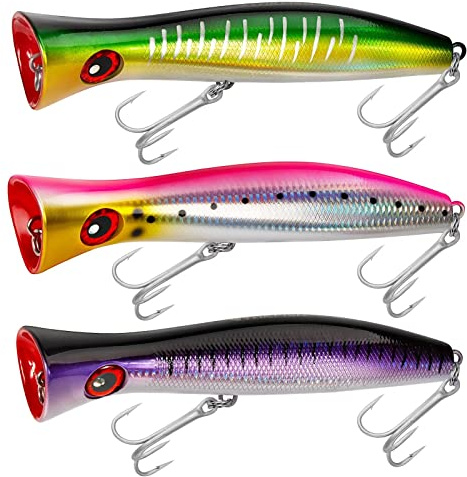 THKFISH Topwater Angelköder, GT & Salzwasser Popper, schwimmende Köder für Thunfisch und Brandungsangeln, 3 x starke Haken, Schwarzfleck, Rosa, Lila und Lasergrün, 3 Stück