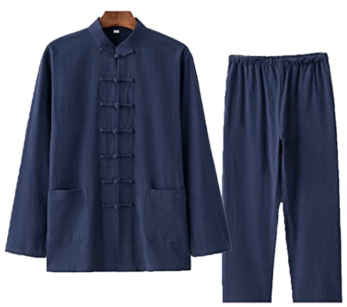 Tai Chi Uniform aus Baumwollleinen, Kung-Fu-Anzug, chinesische traditionelle Kleidung, Tang-Anzug, Herren, Kampfkunst-Jacke, atmungsaktiv, langärmelig, Mantel, Oberteil, Zen-Meditationsuniform, blau