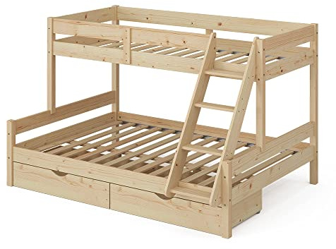 VitaliSpa Etagenbett Everest, Naturholz, 140x200 / 90x200 cm | mit Schubladen, mit integrierter Treppe und stabilem Lattenrostsystem
