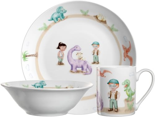 LEONARDO HOME Bambini Avventura Kinder Geschirr-Set 3-teilig - Kinder-Geschirr aus Porzellan - Spülmaschinenfest, mikrowellengeeignet - 3er Set Schale, Tasse und Teller mit Motiv Dino, 022805