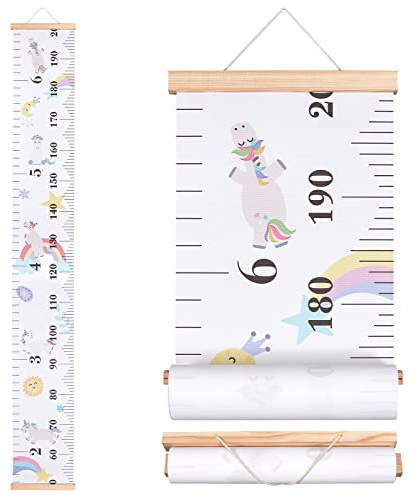 CREATCABIN Einhorn-Regenbogen-Wachstumsdiagramm Stoff Leinwand Höhenmesslineal Holzrahmen Aufhängen Abnehmbare Cartoon-Wandlineale Für Zuhause Wohnzimmer Dekoration Kinderzimmer Dekoration Geschenk