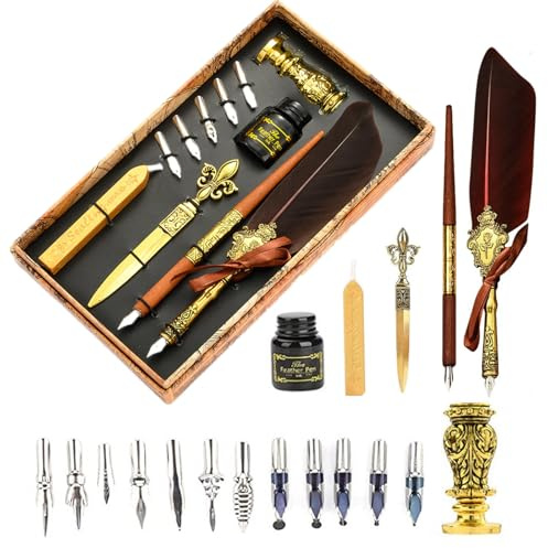 Joyeee Set di calligrafia per principianti e adulti, kit di ceralacca anticata, penna a fumetto in legno, 17 pennini per scrivere, base 2 in 1 supporto per penna e timbro per sigillare, marrone