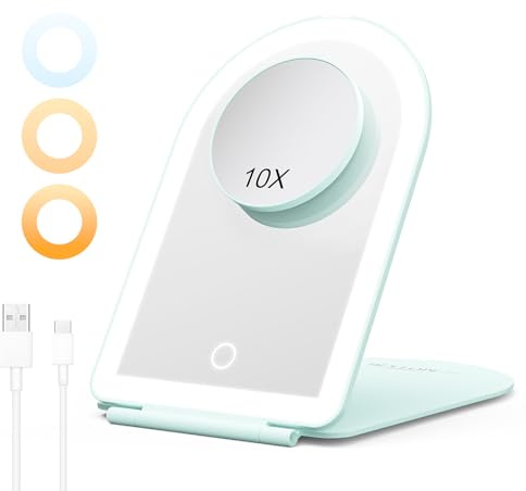 BESTOPE PRO Schminkspiegel mit Beleuchtung, LED Faltbarer Kosmetikspiegel 10-Fach Vergrößerung, 3 Dimmbare Farblichter, Wiederaufladbar Ultraschlanker Tischspiegel für Zuhause und Reise, Grün