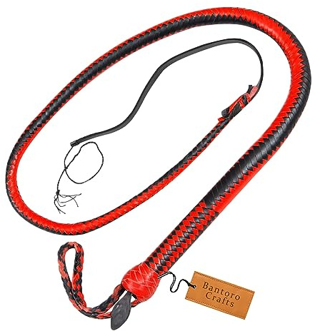 Bantoro Crafts 1,4 m Lange, 12-Fach geflochtene Bullenpeitsche aus echtem Leder mit Ledergürtelhalterung (Schwarz und Rot)